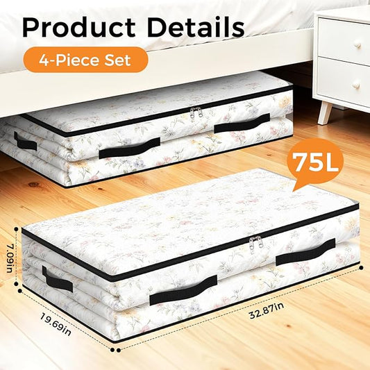 4 Pack Under Bed Storage Bags, 75L Foldable Clear Storage Containers with Handles, Dual Zippers for Comforter, Clothes, Bedding, Linen Sheets, Sweaters, Blanket Storage