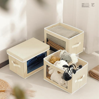 Homsorout Fabric Storage Bins with Lids, Storage Cubes with Window, Decorative Storage Boxes Baskets for Organizing, Closet Organizer Storage Bins for Home, Office, 3 Packs, Beige