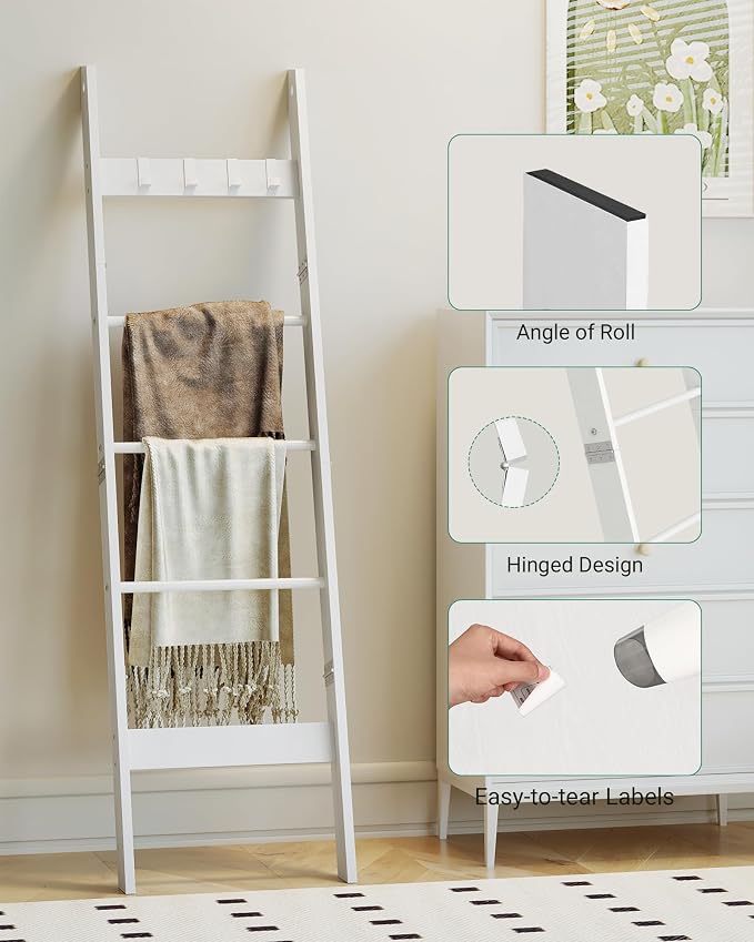 Hzuaneri Blanket Ladder for Living Room, Decorative Quilt Rack with 4 Removable Hooks, 5-Tier Farmhouse Ladder Holder Shelf Organizer for Bedroom, White BR02113W