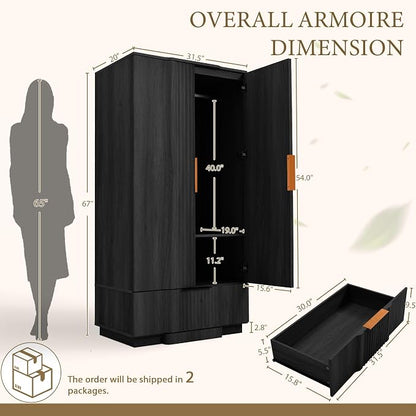 Yechen 67" Fluted Armoire Wardrobe Closet with Doors and Drawer, Wooden Wardrobe Closet Cabinet with Adjustable Shelve, Modern Small Armoires Storage Clothes, Coats for Bedroom, Black