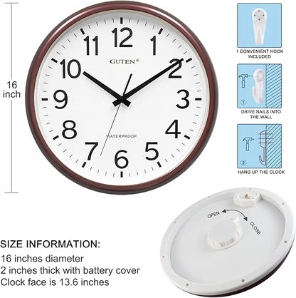 Caysie 16 Inch Sealed Large Outdoor Clock Waterproof, Silent Battery Operated Weatherproof Wall Clocks for Pool Patio Outside Home (Brown)