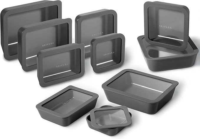 BRIVARA HOME Ceramic Coated Glass Food Storage Containers | No PTFE, PFOA, PFAS, and BPA | Reusable Non Toxic Meal Prep Containers with Glass Lids | Easy To Store | 10 Piece Set [Onyx]