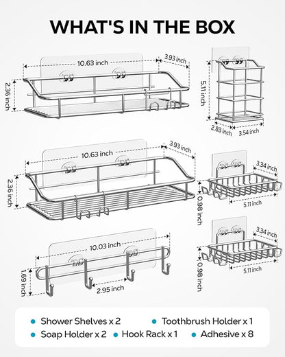Nieifi Shower Caddy Shelf with Hooks Storage Rack Organizer Adhesive Stainless Steel without Drilling for Bathroom, Lavatory, Washroom, Restroom, Shower, Toilet, Kitchen (Sliver, 6 Pack)