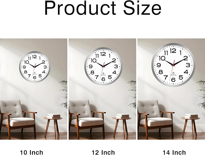 Roymnie Atomic Wall Clock 14 Inch, Modern Clock Battery Operated Classic Analog Decorative for Kitchen, Living Room, Office, Bedroom, Bathroom (Silver)
