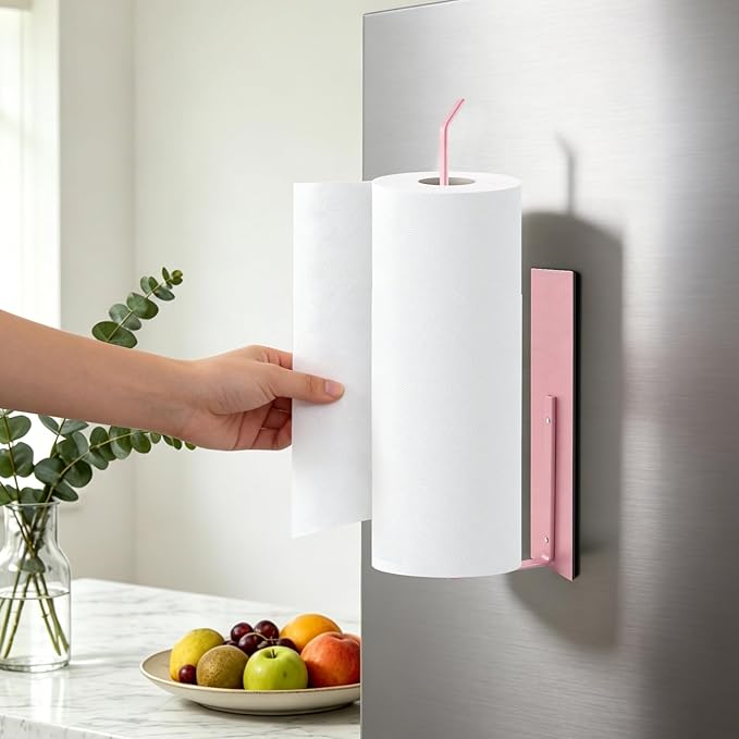 Paper Towel Holder, Toilet Paper Roll Holder Magnetic Towel Rack Wall Mount Fridge Organizer Shelf for Towels Rolls Bar Bathroom Toilet Pantry RV Essentials Kitchen Organizers and Storage Pink
