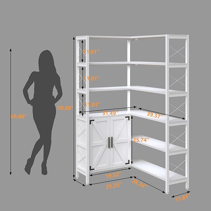 Jartoil Corner Bookshelves 6 Tier, Farmhouse Wooden Bookcases for Corner, L Shaped Etagere Bookshelf with Storage for Living Room Home Office