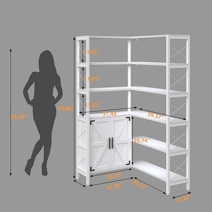 Jartoil Corner Bookshelves 6 Tier, Farmhouse Wooden Bookcases for Corner, L Shaped Etagere Bookshelf with Storage for Living Room Home Office