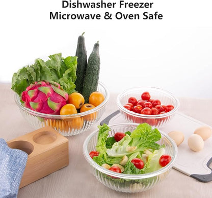 WhiteRhino Glass Mixing Bowls with Lids Set of 3(3.7QT, 2.1QT, 1.1QT),Large Kitchen Salad Bowls, Space-Saving Nesting Bowls, Clear Glass Serving Bowls for Cooking,Baking,Prepping,Dishwasher Safe