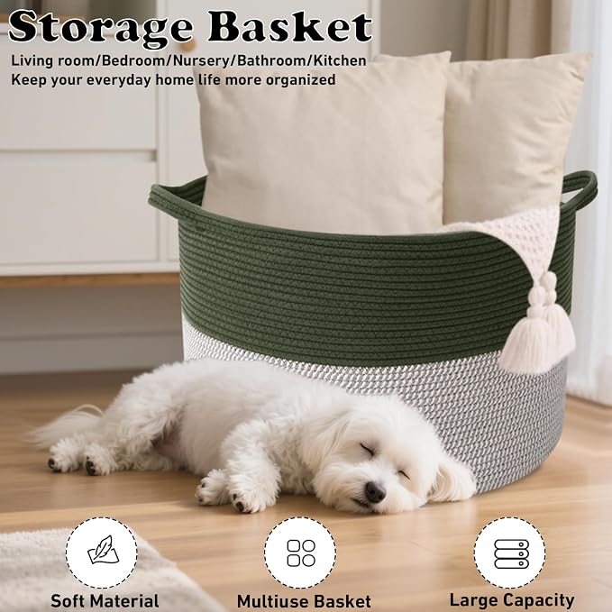 115L Extra Large Blanket Basket,Woven Rope Laundry Basket Hamper with Handles, Decorative Nursery Basket Storage Bin for Toys, Clothes Organizer, Living Room, Bedroom, Bathroom, Green&White