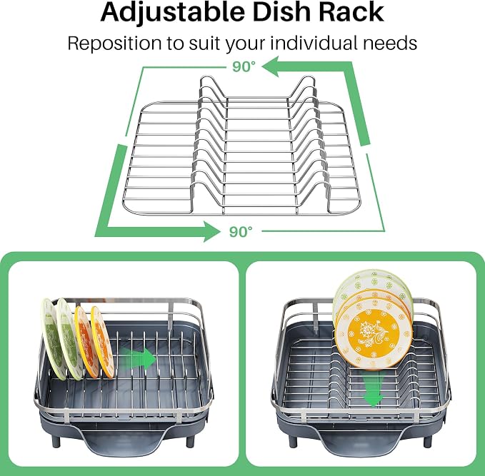 SAYZH Dish Drying Rack - Expandable Dish Rack for Kitchen Counter, Rust-Resistant Dish Drainer with Utensil Holder and Raised Guardrail, Kitchen Organizer for Cup and Bottle (Grey)