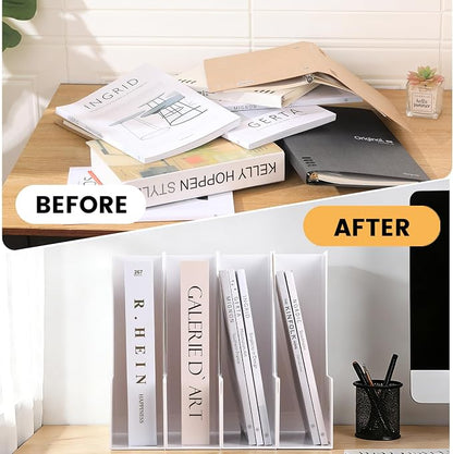 CiWiVOKi Vertical Magazine File Holder, Desk Organizer and Storage for Magazines, Binders, Notebooks, Envelopes, Multi-Purpose Desktop File Organizer for Home, Office & Classroom, 4 Pack, White
