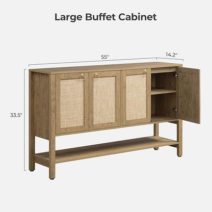 SICOTAS Rattan Sideboard Buffet Cabinet with Open Storage - Large Storage Cabinet with 4-Doors and Adjustable Shelves, Boho Credenza Coffee Bar Cabinets Buffet Table Console Table for Kitchen,Hallway