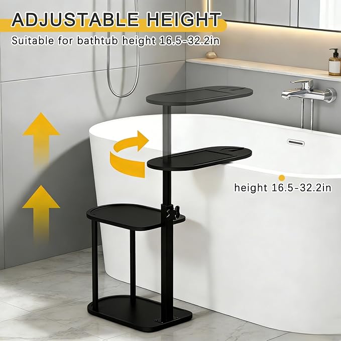 3-Tier Freestanding Bathtub Tray Table, Bamboo Swivel Bathtub Side Table with Height Adjustable Design, Standing Bath Tray for Tub Against Wall, Bathroom Organizer for Luxury Home Spa (Black)