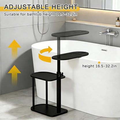 3-Tier Freestanding Bathtub Tray Table, Bamboo Swivel Bathtub Side Table with Height Adjustable Design, Standing Bath Tray for Tub Against Wall, Bathroom Organizer for Luxury Home Spa (Black)