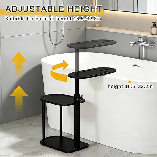 3-Tier Freestanding Bathtub Tray Table, Bamboo Swivel Bathtub Side Table with Height Adjustable Design, Standing Bath Tray for Tub Against Wall, Bathroom Organizer for Luxury Home Spa (Black)