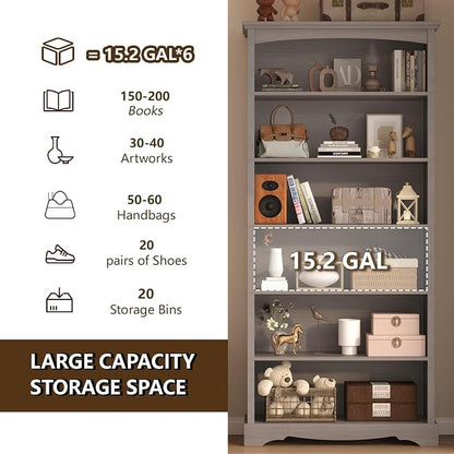 TVU 6-Tier Wooden Bookshelf, 76 Inch Tall Bookshelf with Storage, Floor Standing Modern Style Display Bookcase for Living Room, Office, Study Room, Entryway, Grey