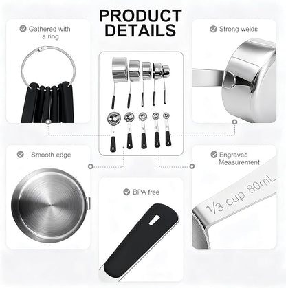 Measuring Cups and Spoons Set Stainless Steel 10 Piece for Cooking and Baking (5 Cups + 5 Spoons, Black Handle)