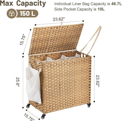 Laundry Hamper with Wheels, 39.6 Gallon(150L) Rolling Laundry Basket with Lid, 3-Section Rattan Clothes Hamper with 3 Removable Liner & 3 Mesh Bags, Laundry Sorter with Side Pocket, Natural
