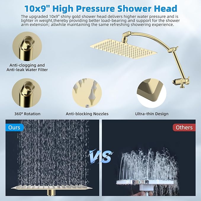 Hibbent All Metal cUPC Certified Shower Head, 10'' High Pressure Rain Shower Head, Handheld Showerhead Combo with 16'' Adjustable Extension Arm, 10 Sprays, 71'' Hose, Shower Holder, Polished Brass