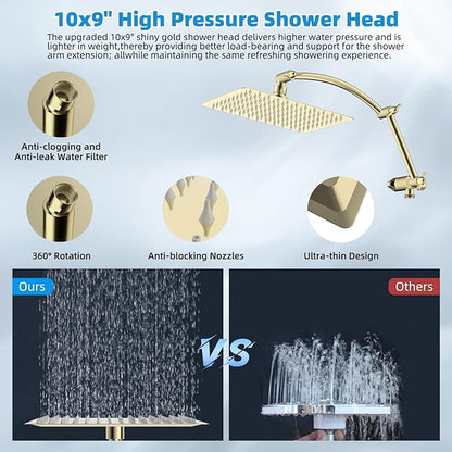 Hibbent All Metal cUPC Certified Shower Head, 10'' High Pressure Rain Shower Head, Handheld Showerhead Combo with 16'' Adjustable Extension Arm, 10 Sprays, 71'' Hose, Shower Holder, Polished Brass
