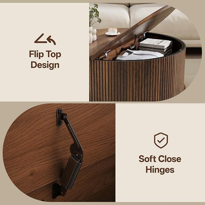 Round Coffee Table with Storage, Mid Century Modern Coffee Table, Fluted Dining Table with Sliding Door, Circle Coffee Table for Living Room Home Office, 31.5", Walnut
