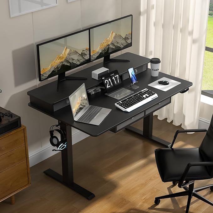 55 * 30 Inches Electric Standing Widened Desk Adjustable Height with 4 Drawers, Double Storage Shelves Stand Up Desk, Home Office Workstation Sit Stand up Desk (Classical Black)