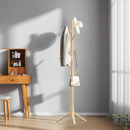 Wooden Coat Rack Stand, Freestanding Coat Rack with 8 Hooks, 3 Adjustable Size Coat Tree for Hats, Coats, Scarves bags, Coat Hanger Stand Used in Bedroom/Office/Entryway,2 PCS (Natural)