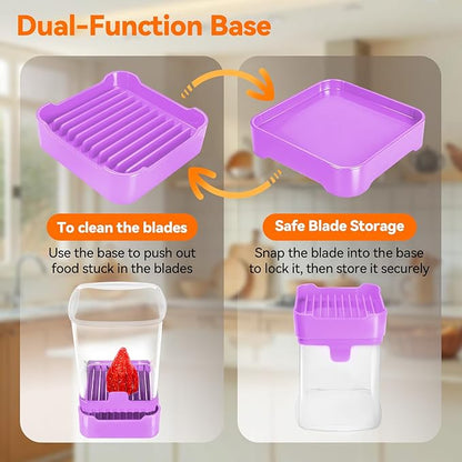 Fruit Slicer Cup for Strawberry, Banana, Hard-Boiled Egg - Detachable Cutter with Push Plate - Rapid & Safe Slicing Kitchen Gadget for Quick Meal Prep (Purple)
