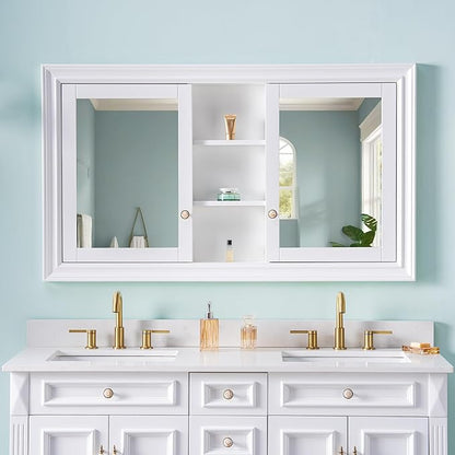 WELLFOR 55"x 32" Bathroom Medicine Cabinet with Dual Mirrors, Recessed Wood Medicine Cabinet with Built-in 6-Tier Adjustable Glass Shelves and 2 Soft-Close Doors, Recessed Mount Only