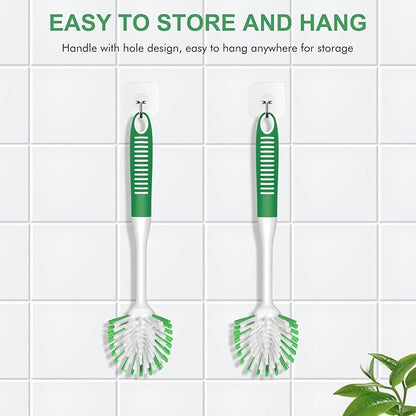 SetSail Dish Brush with Handle, 2 Pack Stiff Bristles Dish Scrubber with Built-in Scraper Dish Scrub Brushes for Cleaning Dishes, Pots and Pans, Kitchen Sink, Green