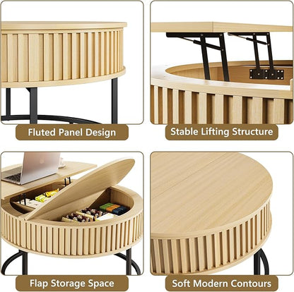 Round Coffee Table with Lift Top - Fluted Wood Center Coffee Tables for Living Room, Lifting Up for Dining, Large Hidden Circle Storage Compartment for Small Spaces, Mid Century Modern