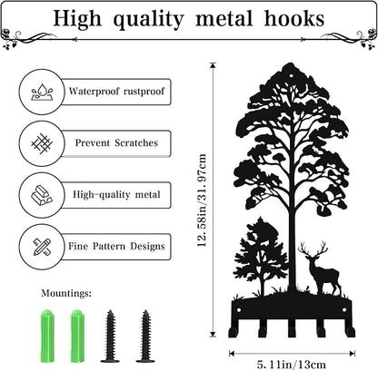 Key Holder for Wall, Metal Key Holder Hooks Organizer Rack, Key Organizer Wall Decorative with 5 Hooks for Entryway, Front Door, Hallway, Bedroom, Office (12 Inches, Deer, Tree)