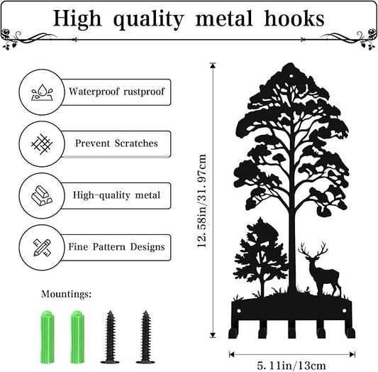 Key Holder for Wall, Metal Key Holder Hooks Organizer Rack, Key Organizer Wall Decorative with 5 Hooks for Entryway, Front Door, Hallway, Bedroom, Office (12 Inches, Deer, Tree)