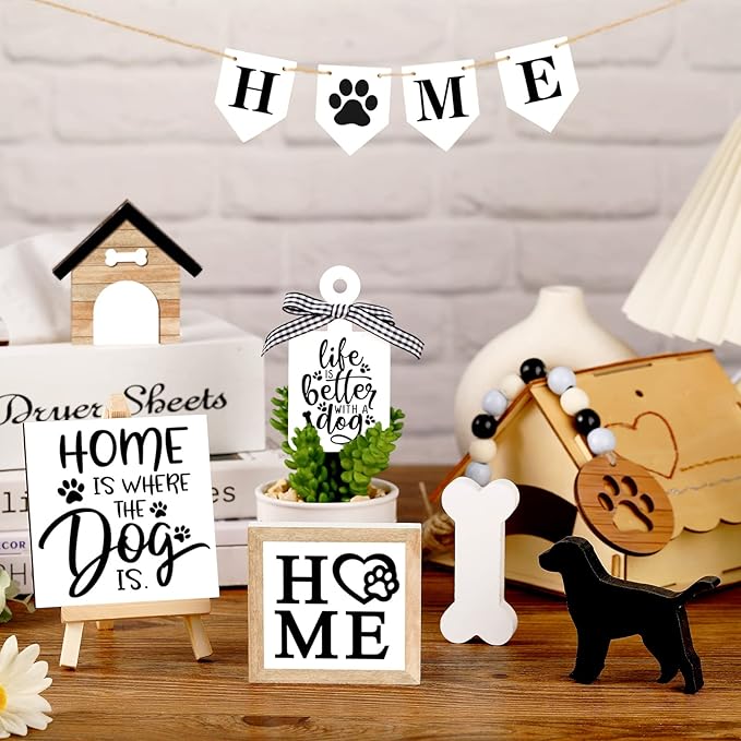 11 Pcs Dog Tiered Tray Decor Dog Home Rustic Farmhouse Tiered Tray Decorations Set Home Wooden Signs Vintage Farm Animal Farmhouse Tabletop Wood Signs for Kitchen Table Shelf Decor