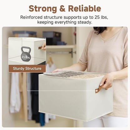 StorageWorks Foldable Storage Bins with PU Handles, Closet Storage Baskets, Fabric Bins for Clothes Storage, Ivory White, 3-Pack, Extra Large
