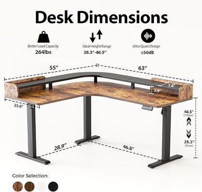Agilestic L Shaped Standing Desk, Adjustable Height Corner Gaming Desk with Shelf, Sit Stand Up Desk, 63 x 55 Inch Home Office Computer Table, Rustic Brown