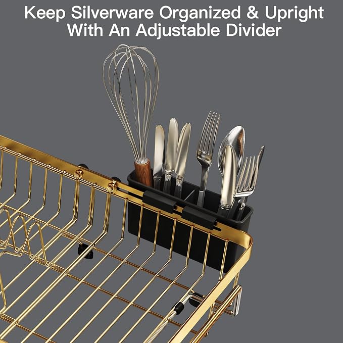 MAJALiS Gold Dish Drying Rack Over The Sink, Expandable Stainless Steel Dish Drainer for Small Kitchen Counter Space Saving, RV Compact Plate Strainer in Metal with Hanging Adjustable Utensil Holder
