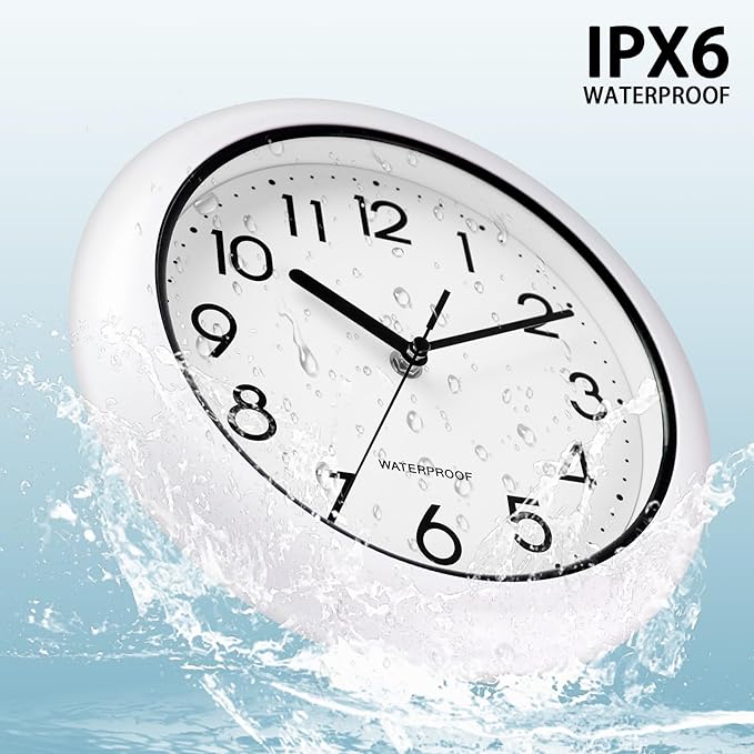 Caysie 10 Inch Sealed Indoor Outdoor Clock Waterproof, Silent Battery Operated Weatherproof Wall Clocks for Pool Patio Outside Home (White)
