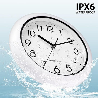 Caysie 10 Inch Sealed Indoor Outdoor Clock Waterproof, Silent Battery Operated Weatherproof Wall Clocks for Pool Patio Outside Home (White)