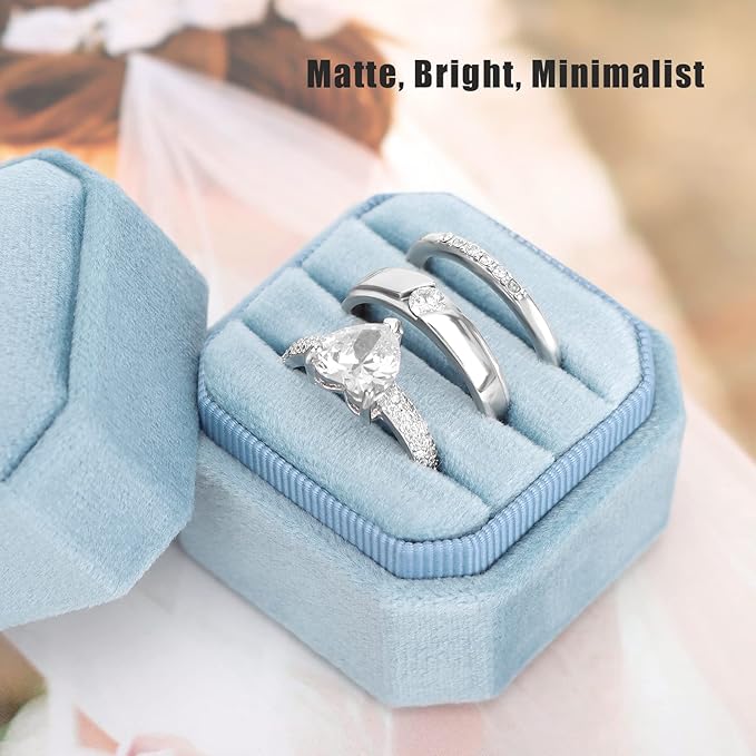 DesignSter Velvet Ring Box - Square 3 Slots, Wedding & Engagement Proposal, Premium Ring Bearer Box (Dark Blue)