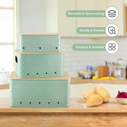 Kitchen Vegetable Storage Set of 3, Metal Onion Garlic Potato Storage Set, Kitchen Canisters Vegetable Keeper Containers with Aerating Holes and Bamboo Lid,Embossed Saga Green