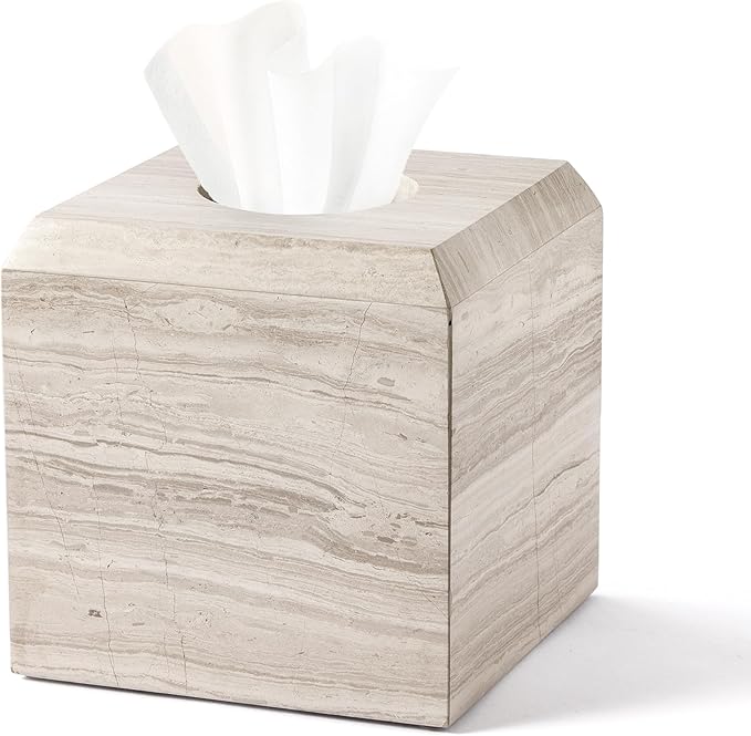 WORHE Tissue Box Cover Italy Natural Marble Heavy Duty Square Facial Toilet Paper Holder for Bathroom Living Room Bedroom Dresser Kitchen Minimalistic Office Home Decor Grey (WH078)