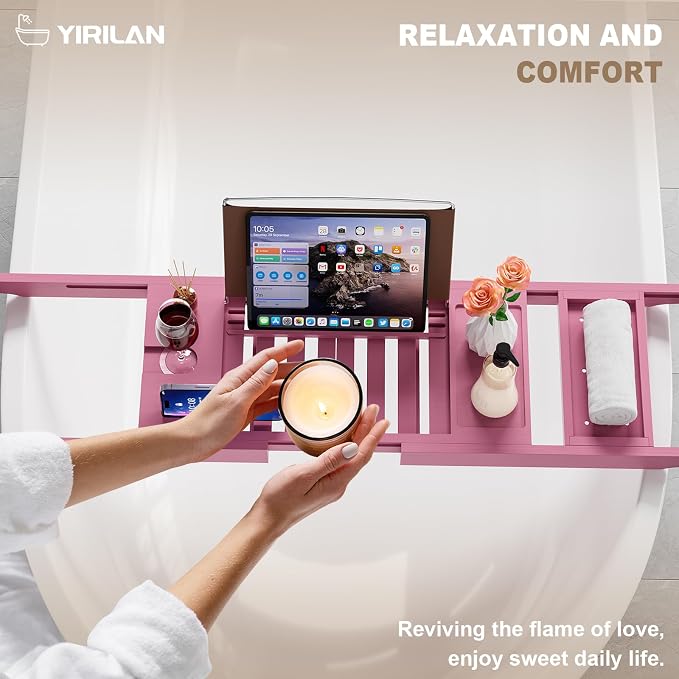 Foldable Bathtub Caddy, Expandable Bath Caddy Tray, Unique House Warming Gifts, New Home, Anniversary and Wedding Gifts for Couple, Pink
