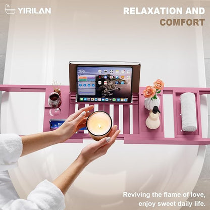 Foldable Bathtub Caddy, Expandable Bath Caddy Tray, Unique House Warming Gifts, New Home, Anniversary and Wedding Gifts for Couple, Pink