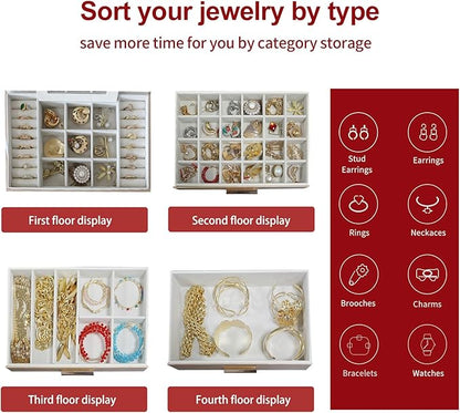 BOOVO Jewelry Boxes for Women, White and Black 4 Layer Large Jewelry Box for Necklace, Bracelet, Earrings, Rings Storage, Jewelry holder Organizer for Girls Gift (Gold, 4 layer)