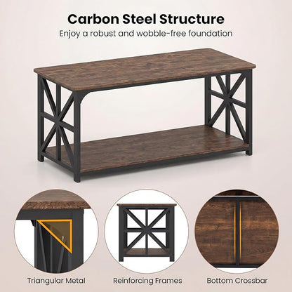 Giantex Farmhouse Coffee Table, 43" Center Table with Storage & X-Shaped Frames, 2-Tier Modern Accent Cocktail Tea Table, Rectangular Wooden Living Room Tables for Small Spaces, Rustic Brown