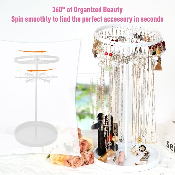 360 Rotating 2-Tier Jewelry Organizer Stand, Large Earring Holder Organizer with 48 Holes for Studs，24 Prongs for Necklaces, Wide Base for Bracelets, Watches, Lipstick, Jewelry Display Stand for Women