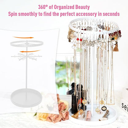 360 Rotating 2-Tier Jewelry Organizer Stand, Large Earring Holder Organizer with 48 Holes for Studs，24 Prongs for Necklaces, Wide Base for Bracelets, Watches, Lipstick, Jewelry Display Stand for Women