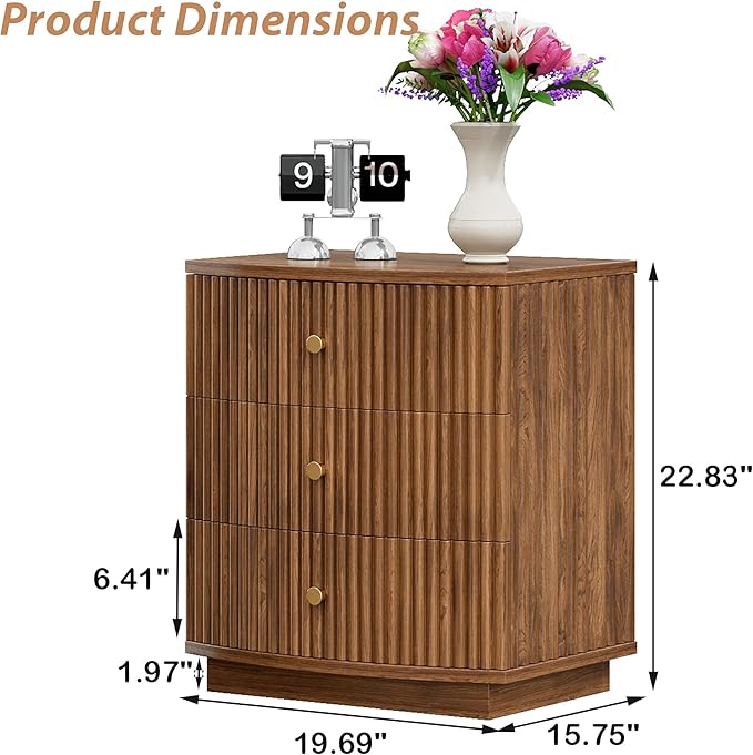 Dresser for Bedroom,3-Drawer Dresser, Mondern Wide Chest of Drawers with Fluted & Curved Design, Large Storage Chest for Bedroom, End Table for Living Rooms, （Walnut）