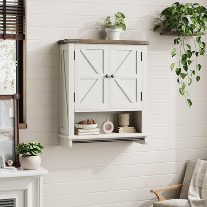 QUW Farmhouse Bathroom Wall Cabinet, Modern Medicine Cabinets with Towel Bar & Jewelry Holder, Over The Toilet Storage Cabinet with Barn Door for Laundry, Living Room, Hallway, Antique White